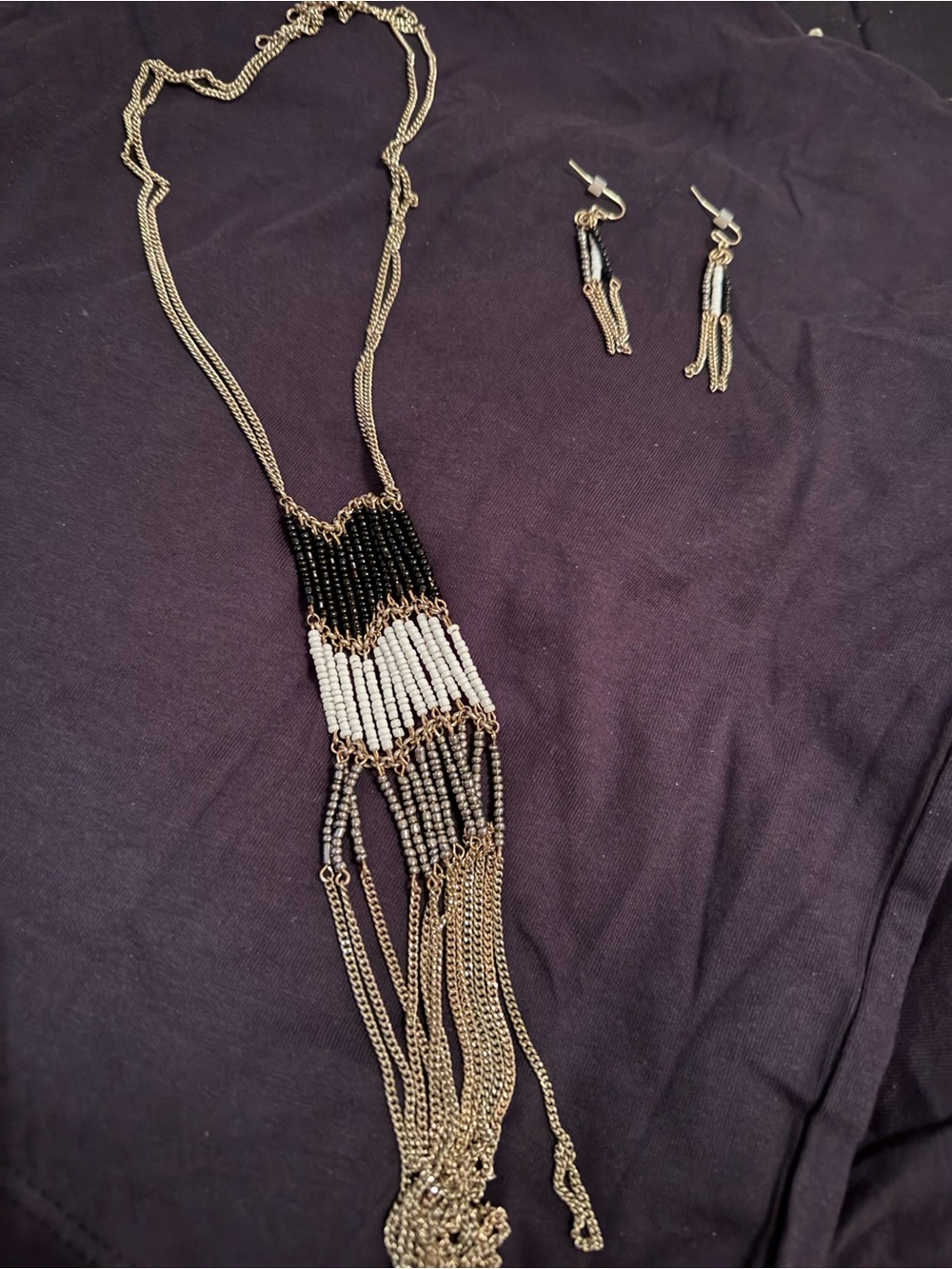 Vintage!!Handcrafted Black and White Beaded Fringe Necklace and Earring Set